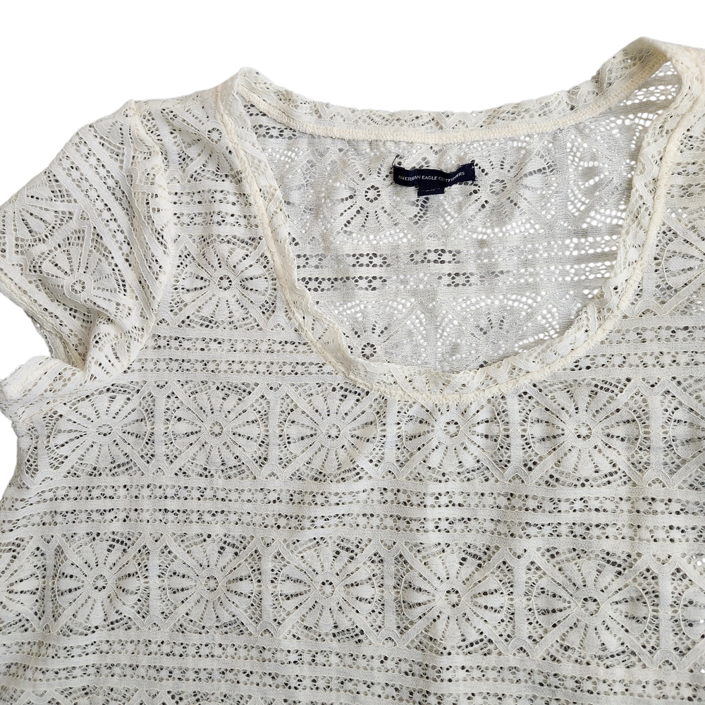 American Eagle Outfitters Y2K Lace Embroidered Top Blouse Women's L Beige Fairy